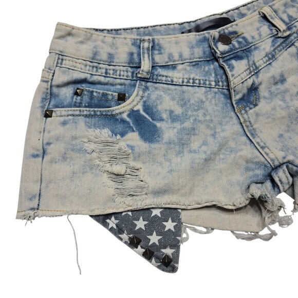 Blue Dog Shorts Womens Large Bleached Denim Distressed Stars Stripes Flag USA - Picture 4 of 15
